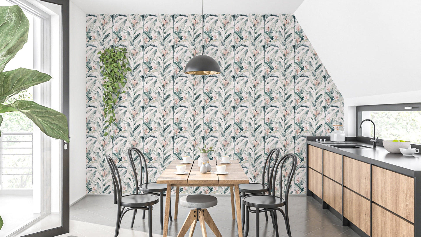 White palm leaves tropical wall design