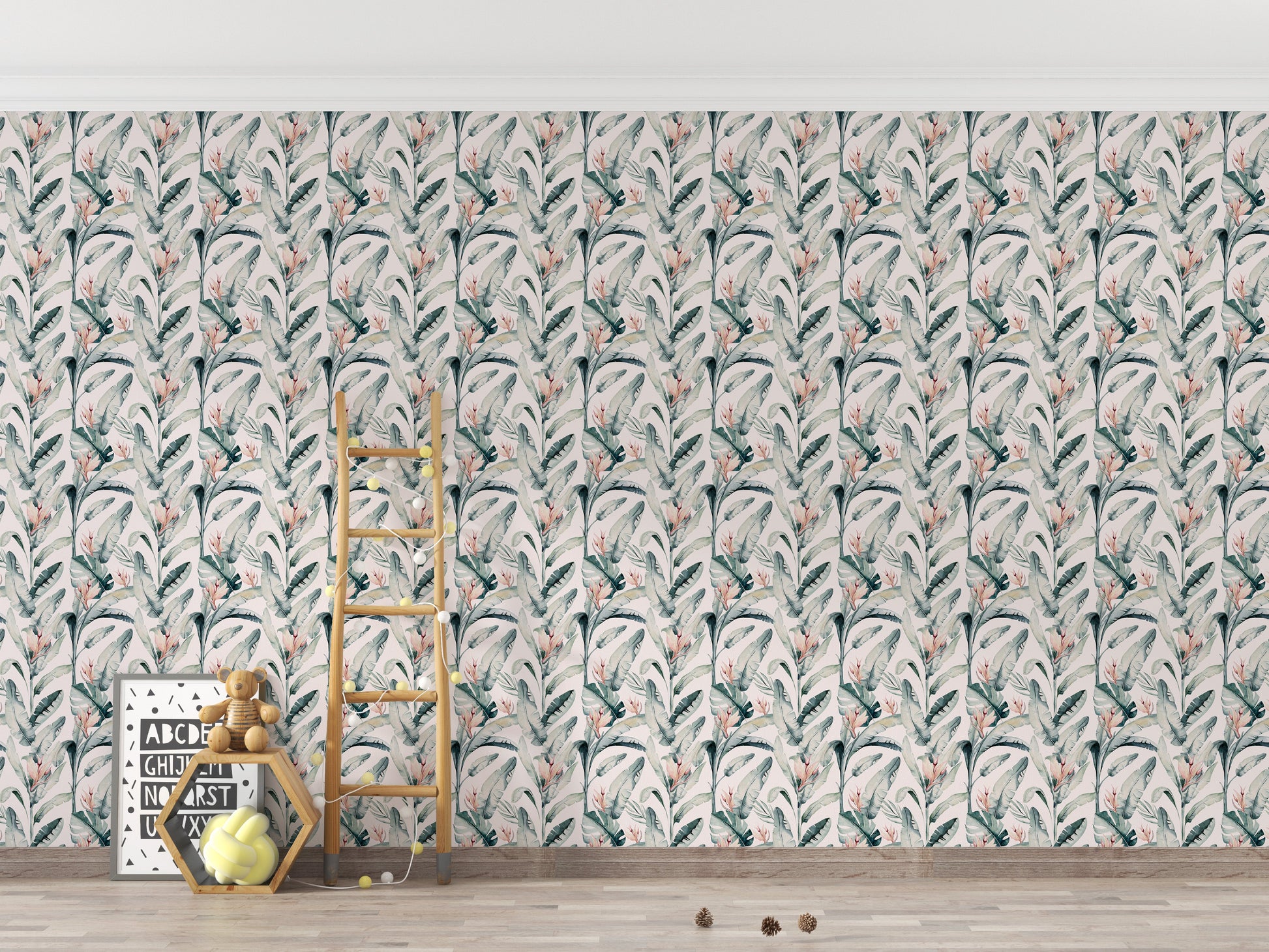 Tropical white palm repeat mural style