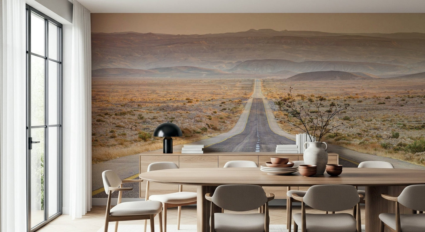 Landscape wall mural with a winding road for a study.
