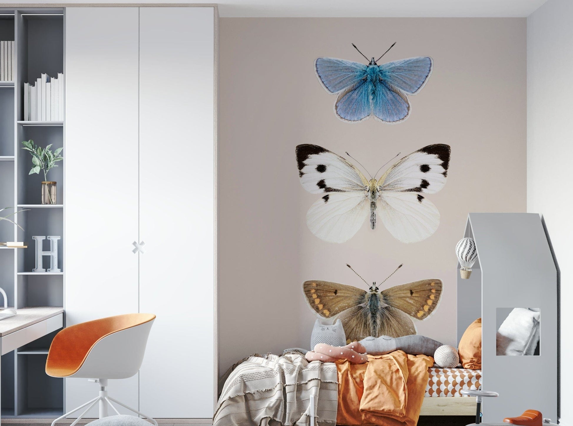 Blue butterfly on beige background


