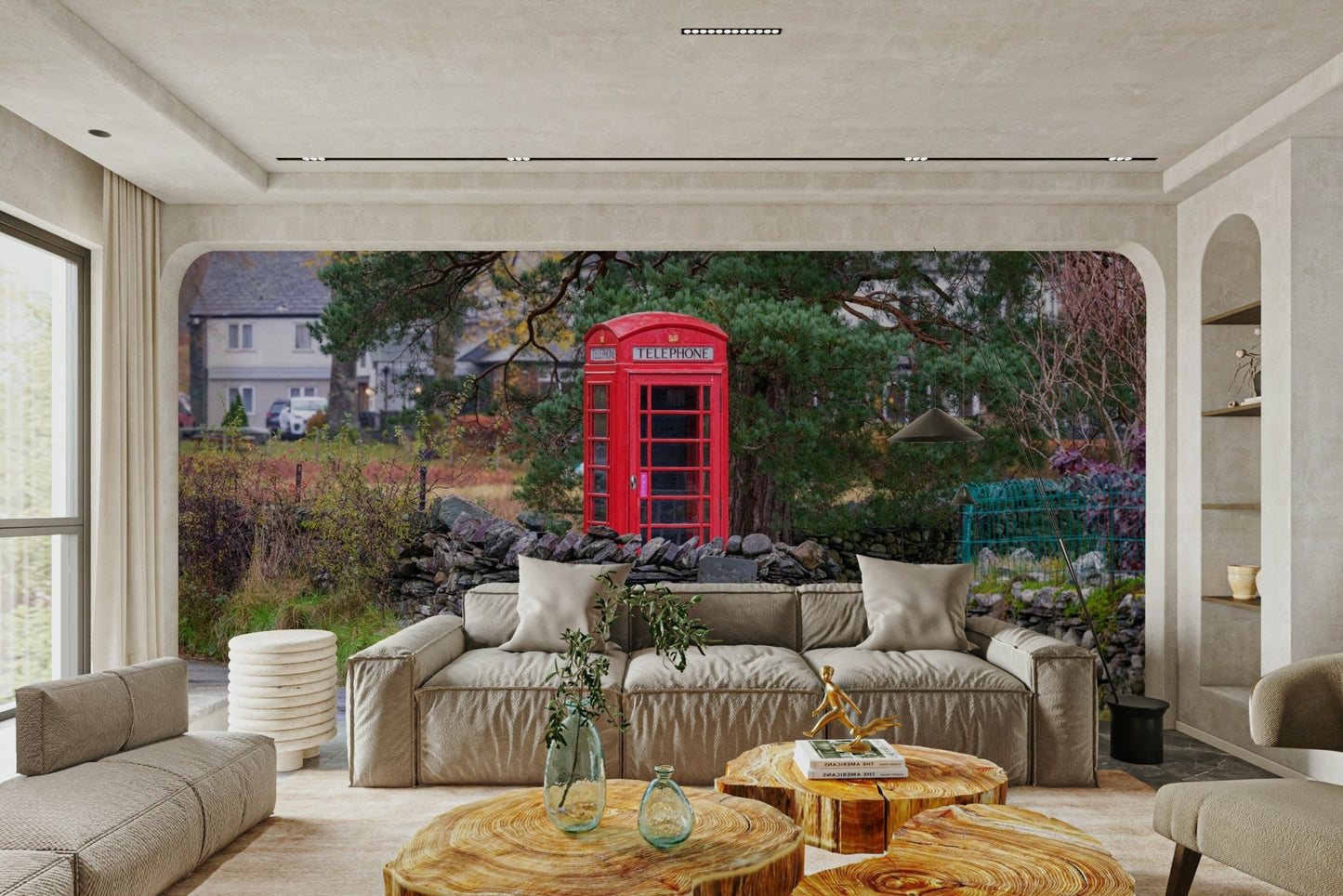 A contemplative red phone box wallpaper mural for a feature wall.

