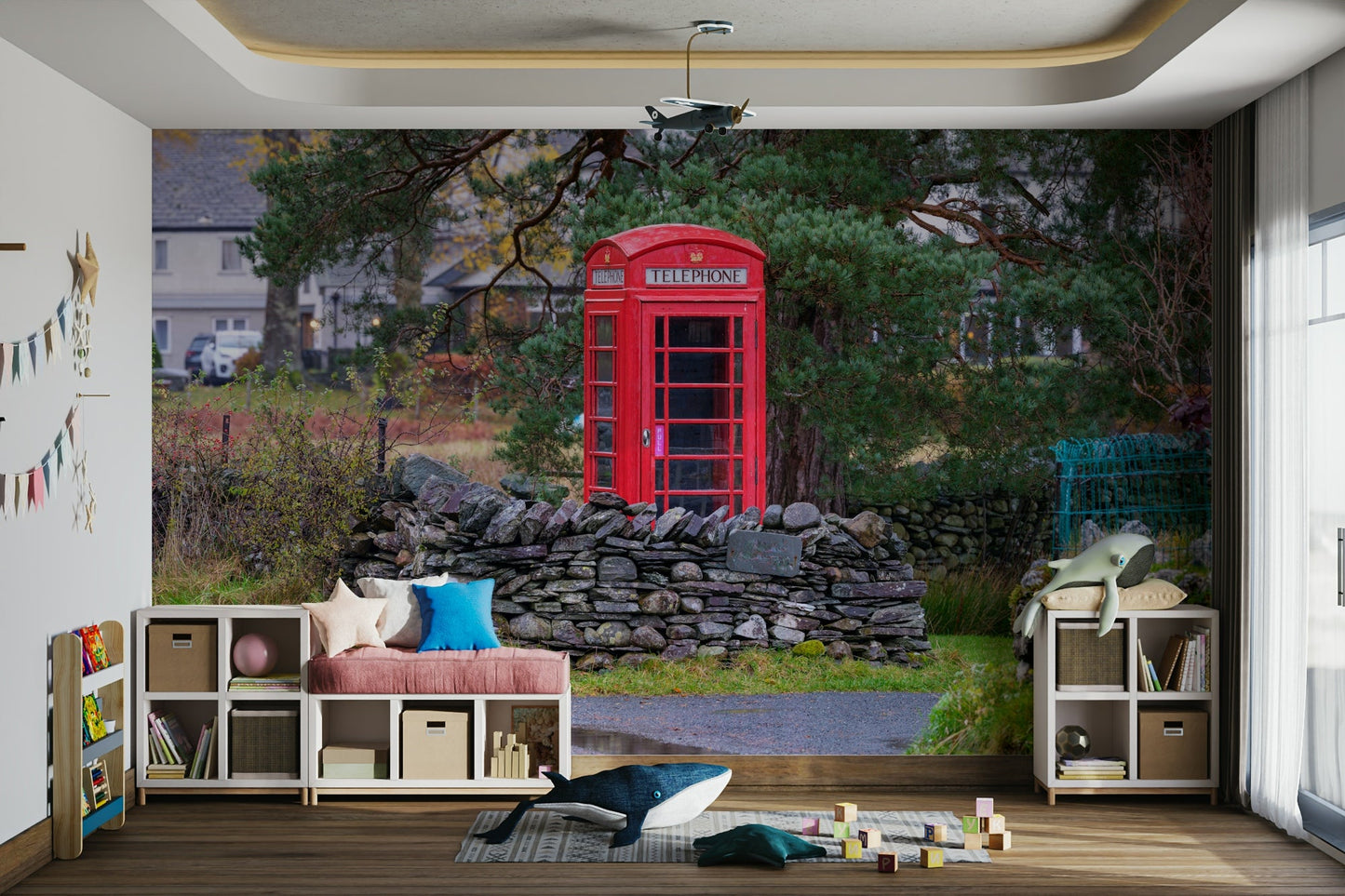 An artistic British icon mural on minimalist wallpaper.

