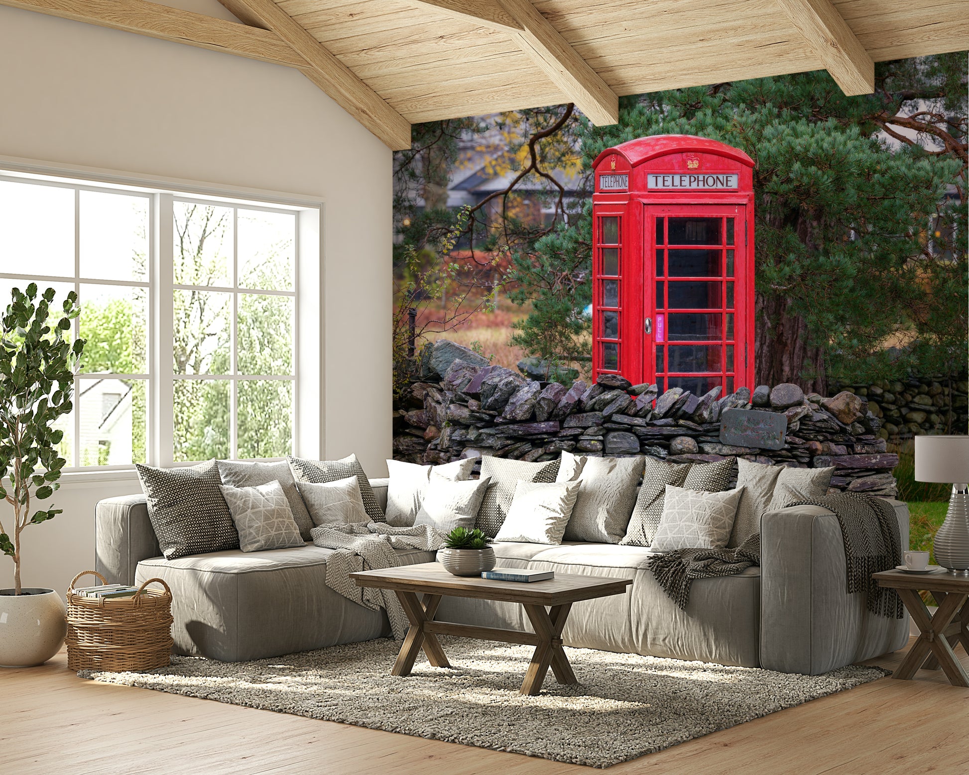 A peaceful urban corner mural on decorative wallpaper.

