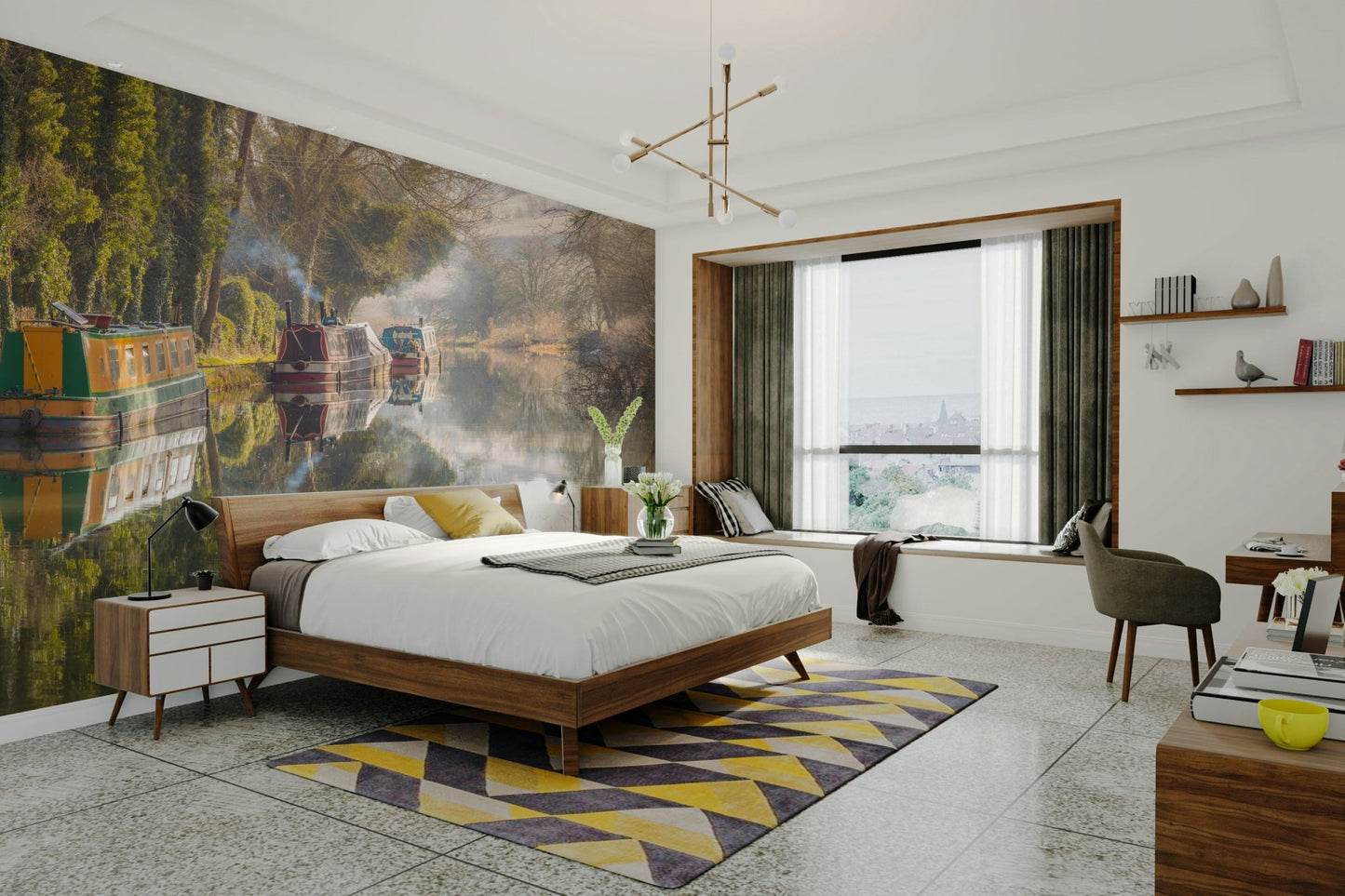 Calm river scene mural with reflections

