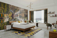 Calm river scene mural with reflections

