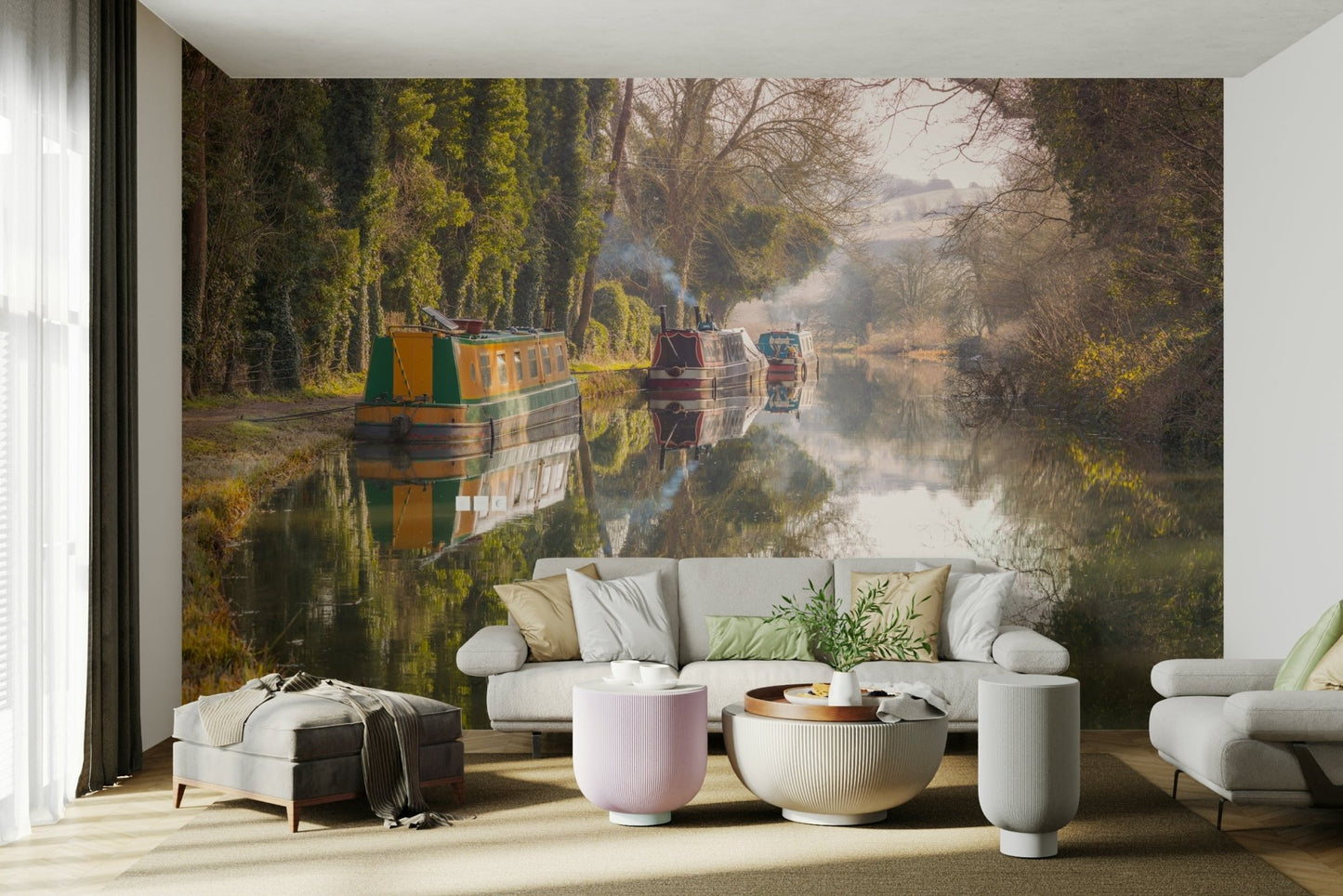 Peaceful canal mural with English scenery

