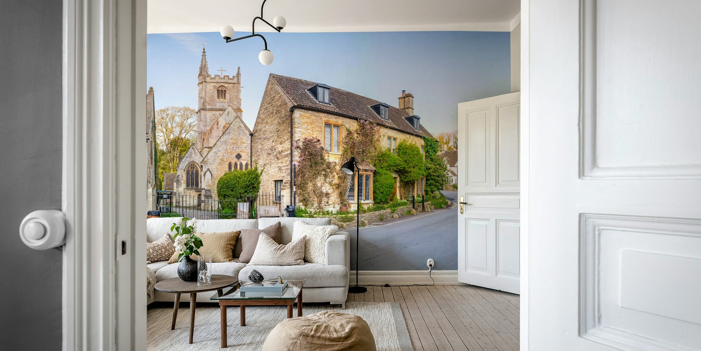 A minimalist interior with the village-themed wallpaper.

