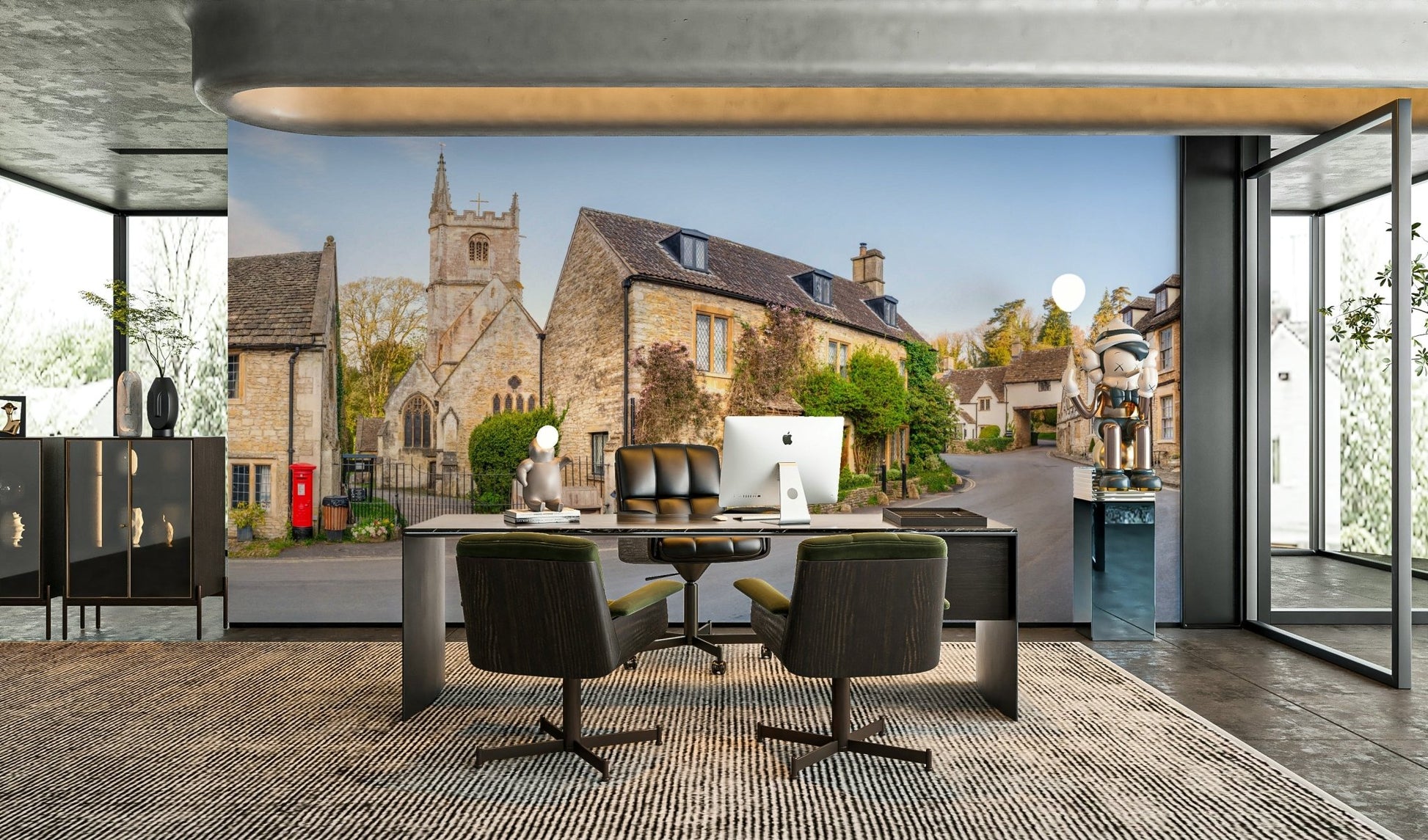 A close-up of the textured details of the stone cottages and church.

