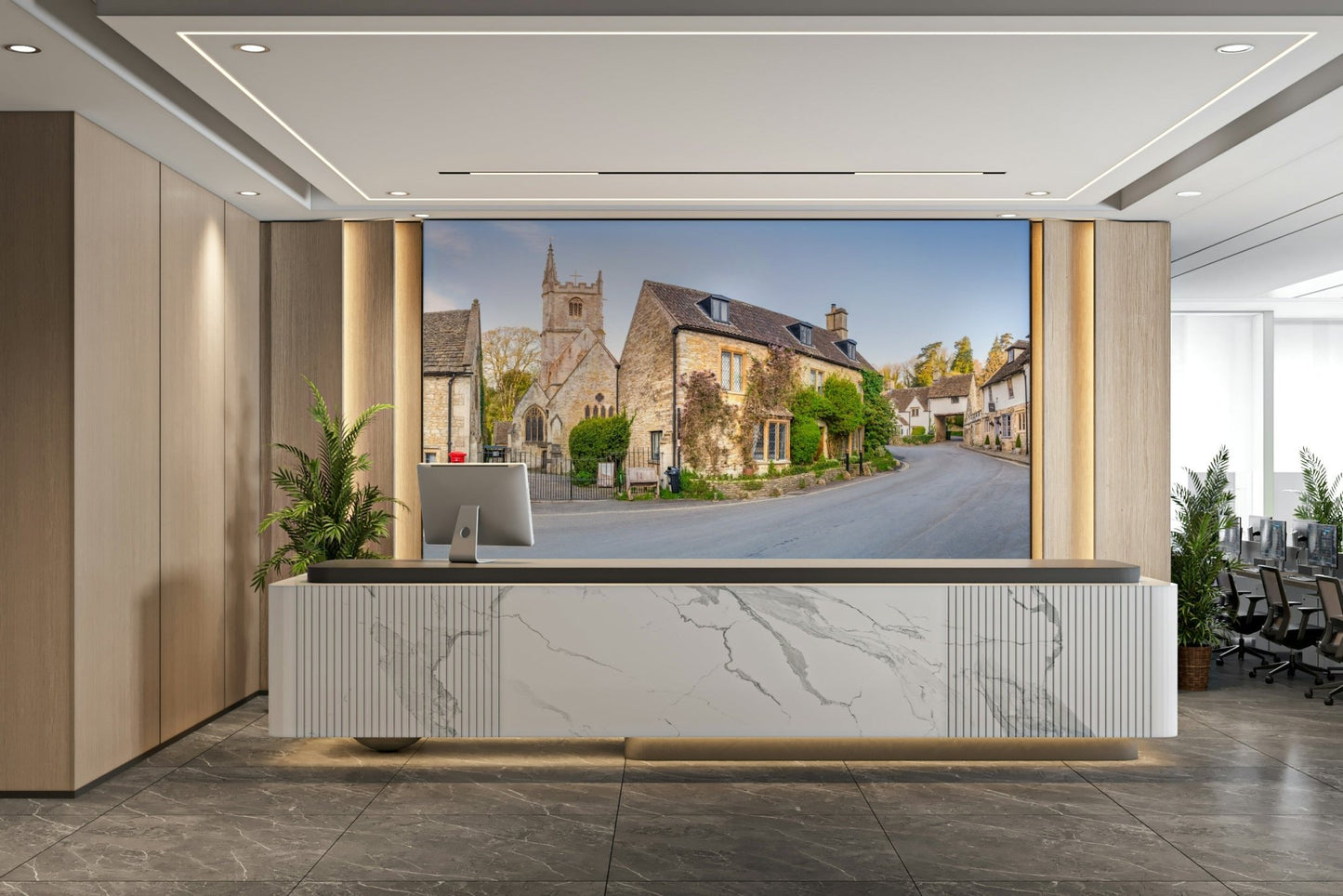 A high-angle view of the wall mural in a large space.

