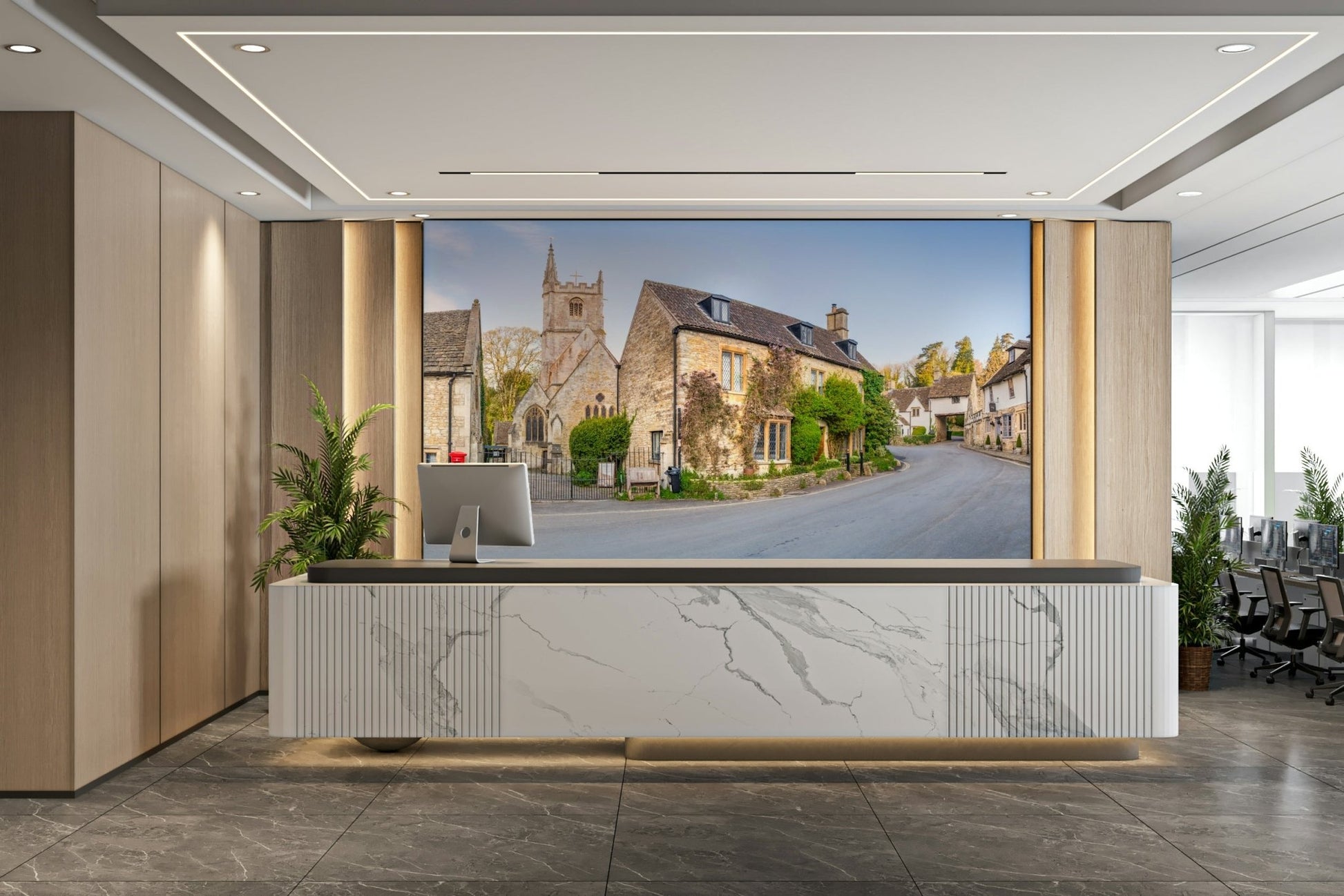 A high-angle view of the wall mural in a large space.

