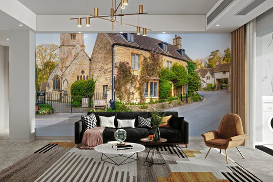 A beautiful panoramic view of a charming English countryside village.

