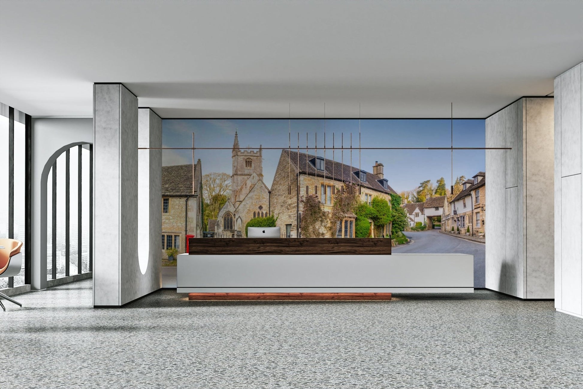 The peel and stick wallpaper showing realistic architectural textures.

