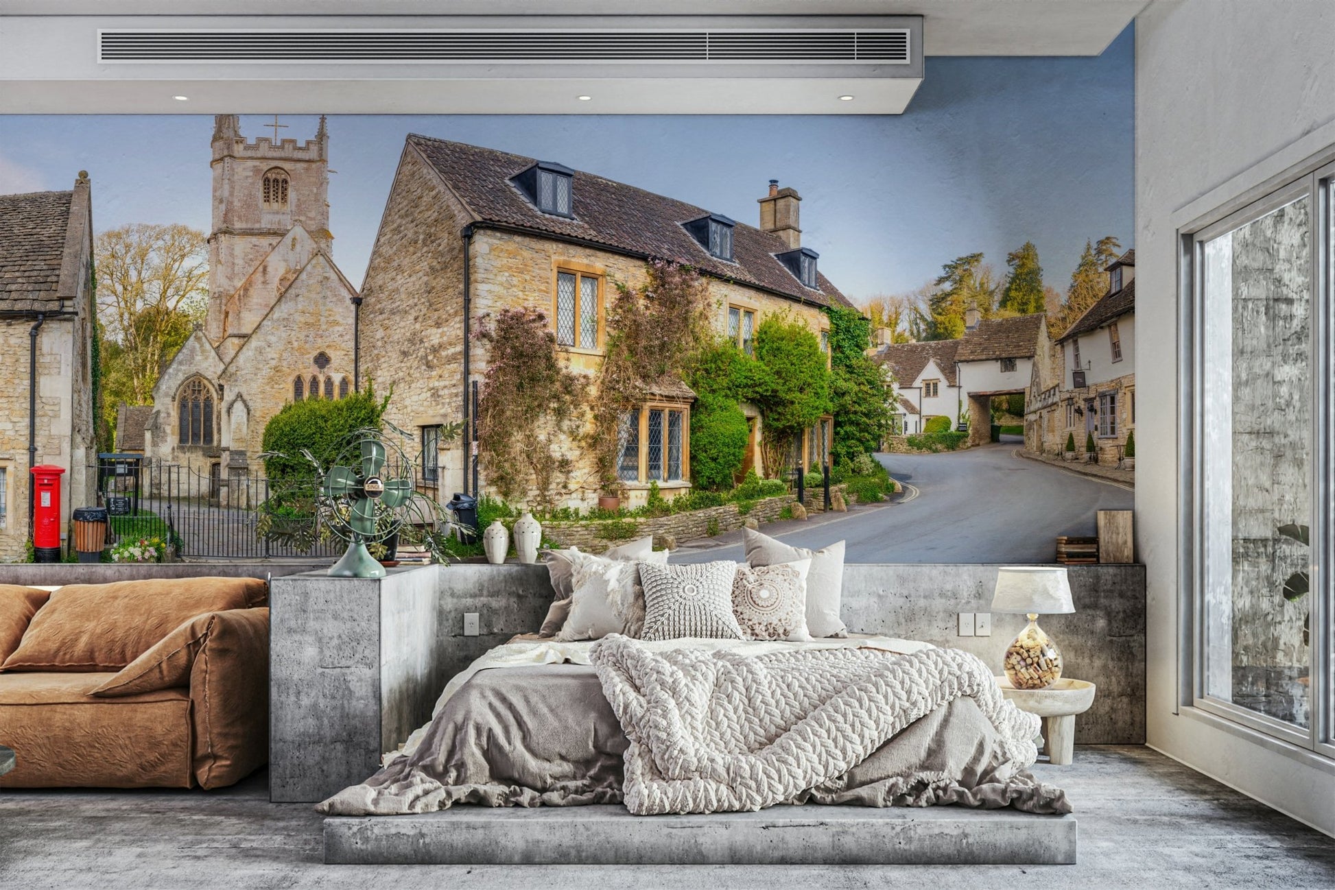 An angled shot of the mural's gentle color palette.

