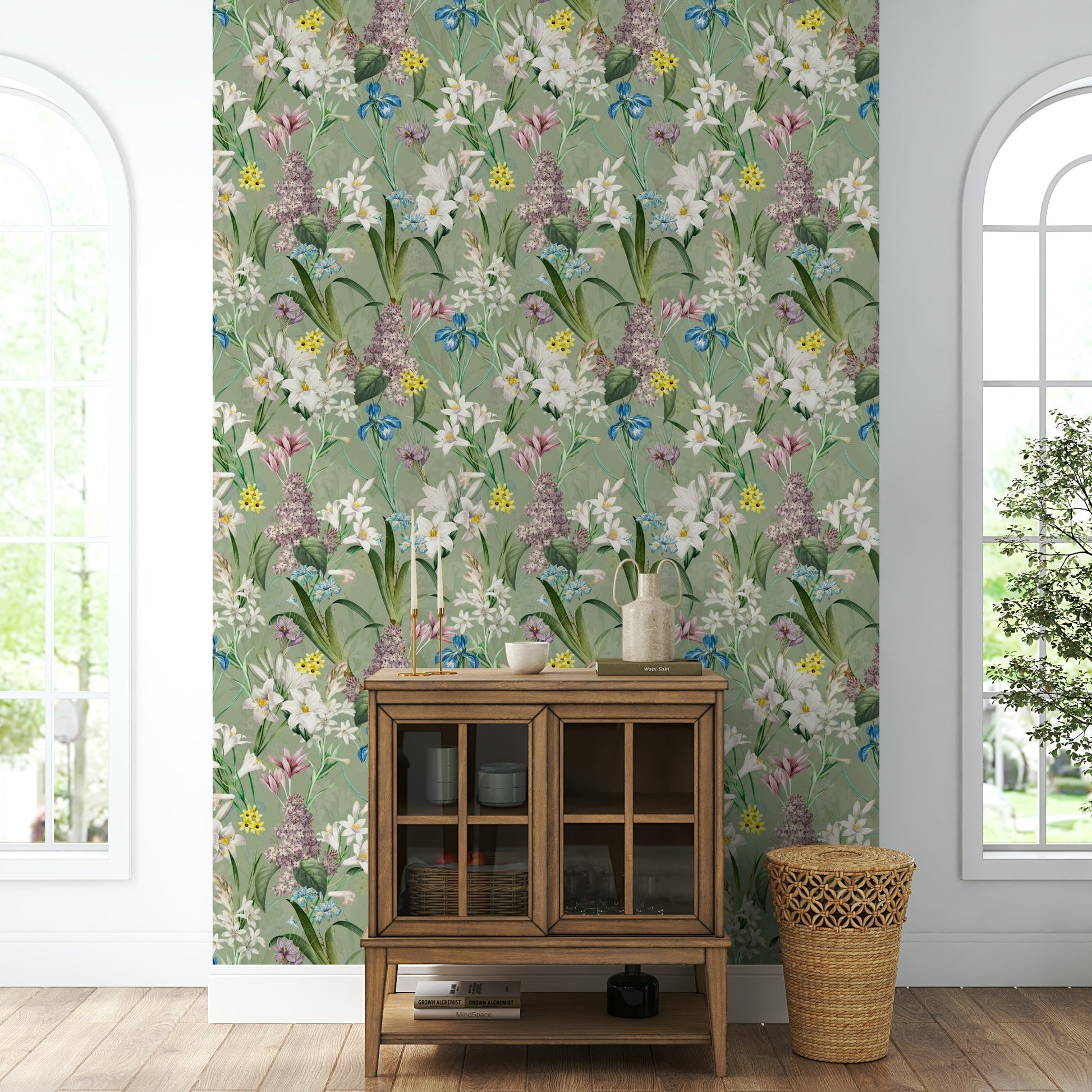 Scenic English garden wallpaper for tranquil interiors

