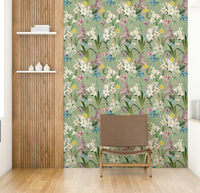 English garden wallpaper with lush greenery and blooms

