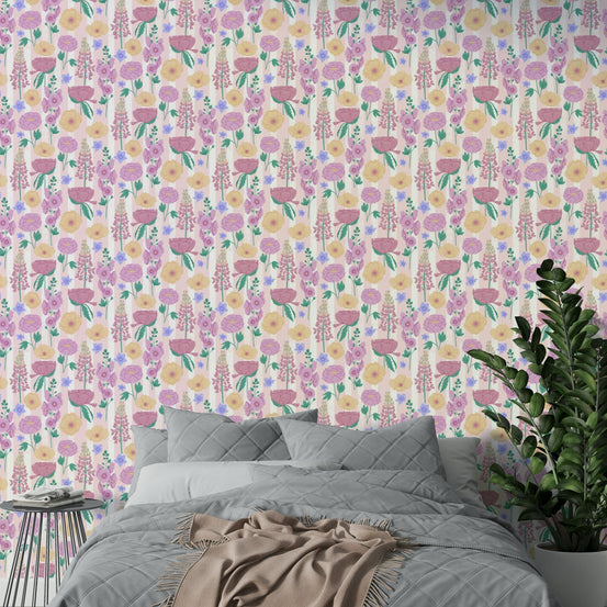 English Garden wallpaper featuring lupins, poppies, and peonies on pink stripes GD4921
