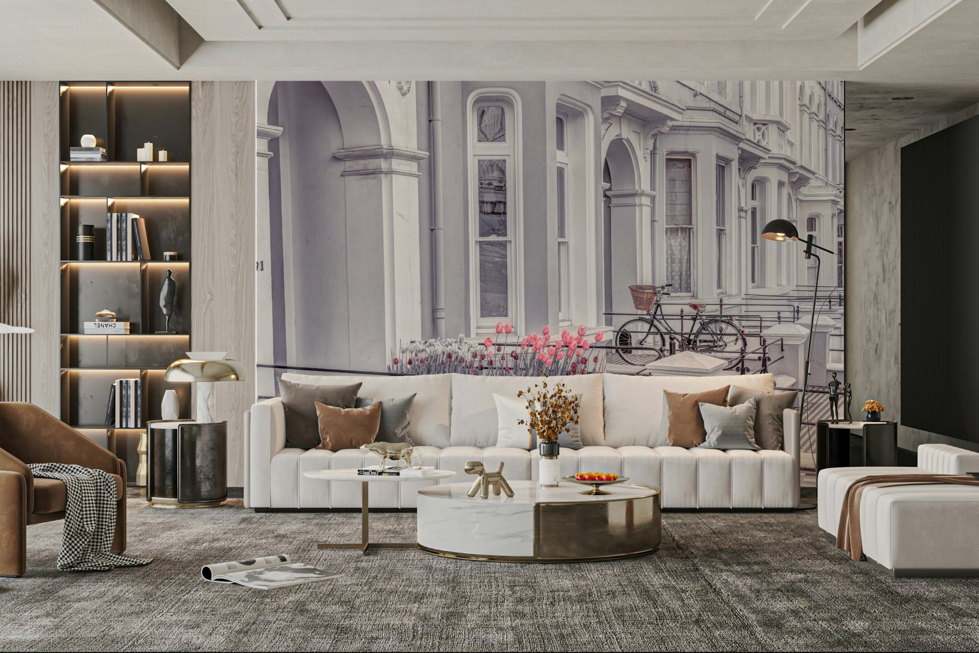 English Houses Facade wall mural showing white townhouses with pink tulips GD4997
