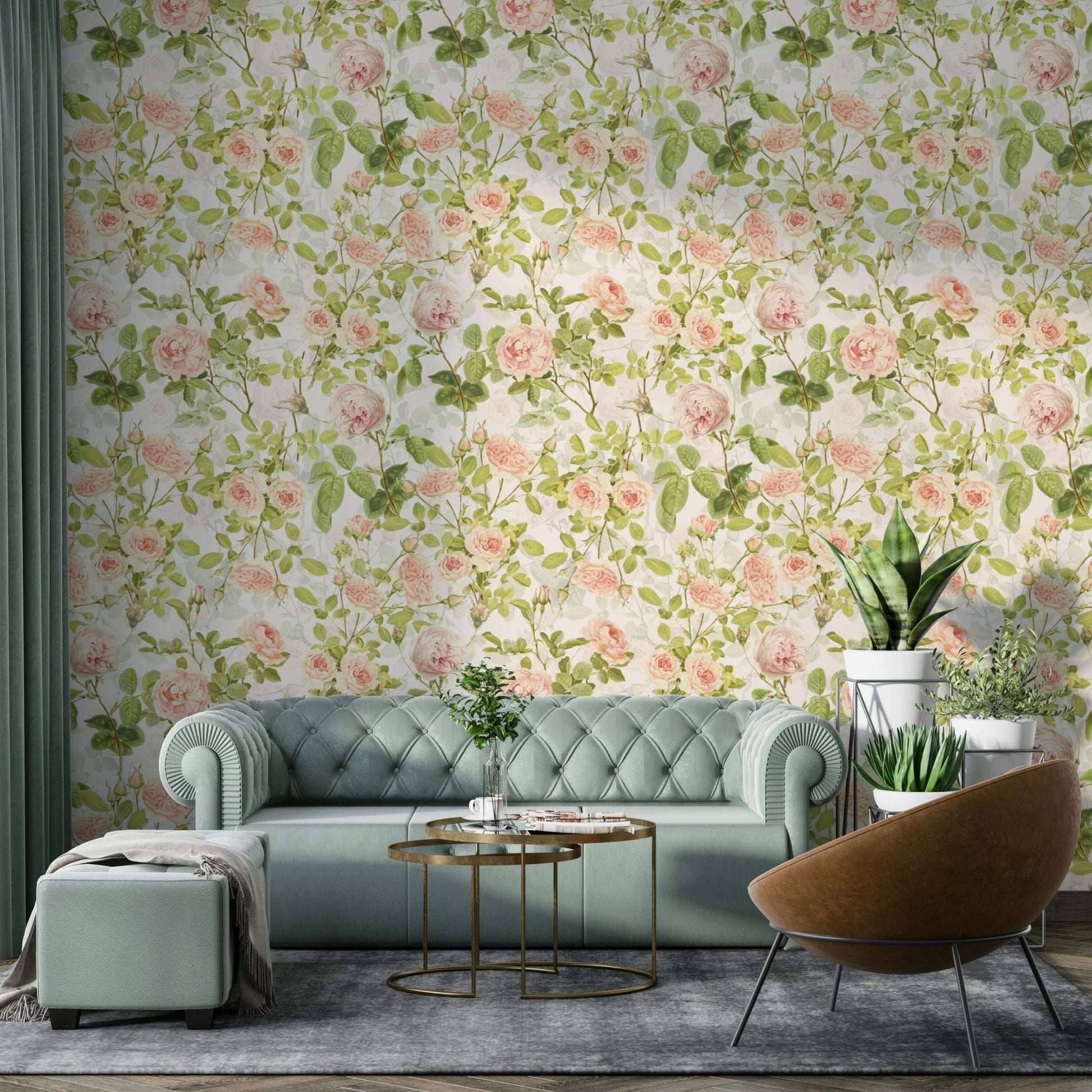 Soft floral rose garden wallpaper in pastel tones., GD1357