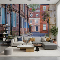 Scenic street view wallpaper for a master bedroom headboard wall.