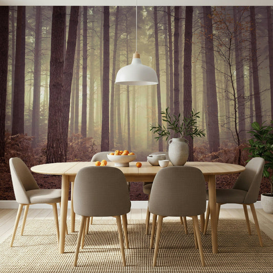 Foggy wilderness wall mural for a nature inspired guest suite.