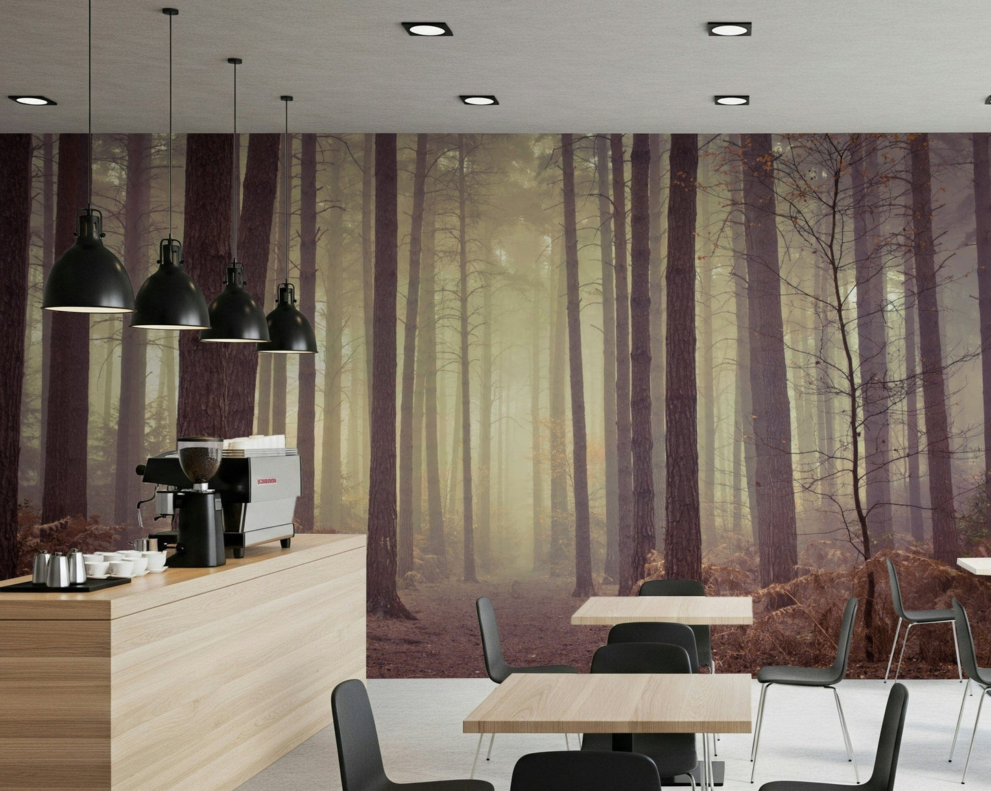 Atmospheric forest silhouette mural on a large dining room wall.