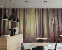 Atmospheric forest silhouette mural on a large dining room wall.