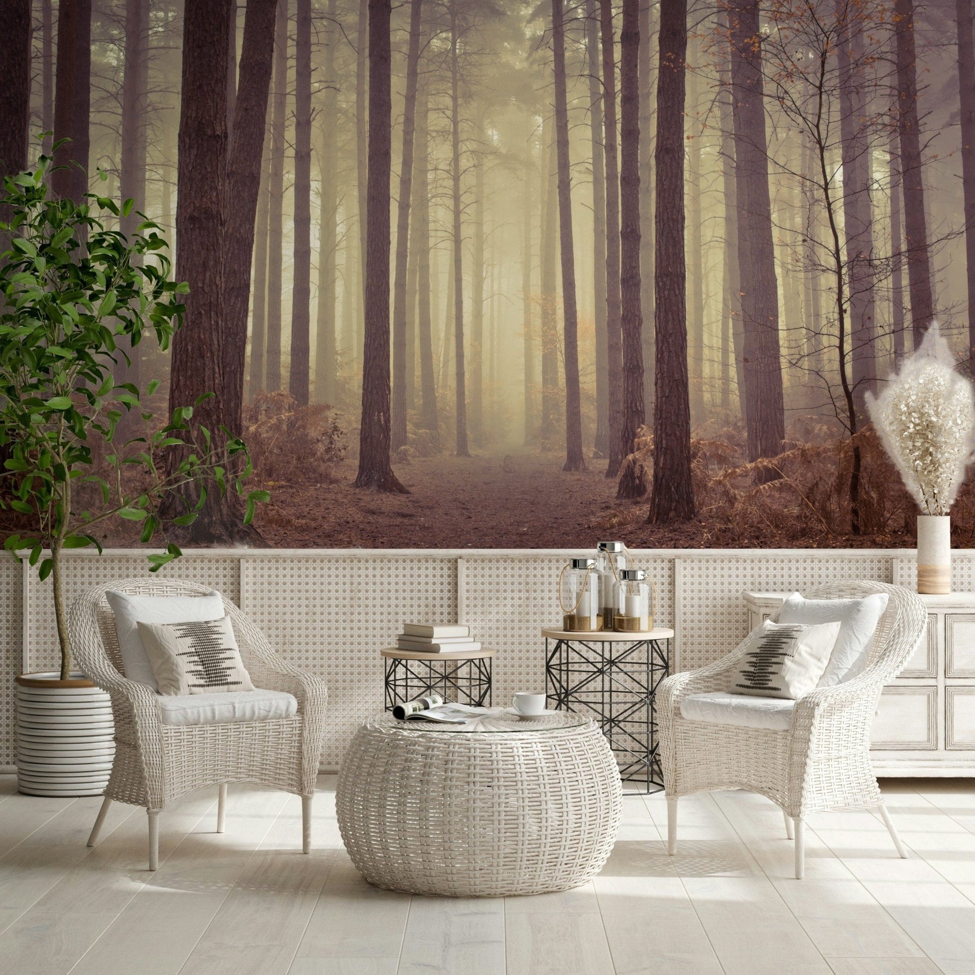 Dark green forest trees mural in a contemporary home office.