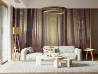 Tree line wallpaper for a modern apartment hallway.