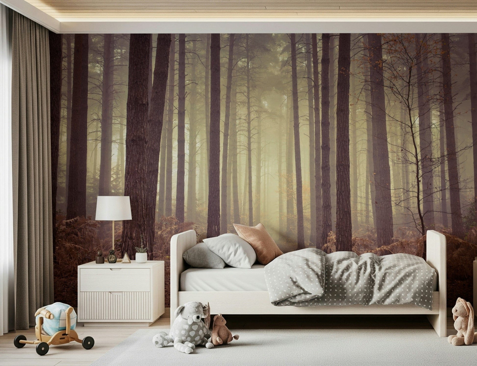 Misty woodland landscape wall decor for a serene master bedroom.