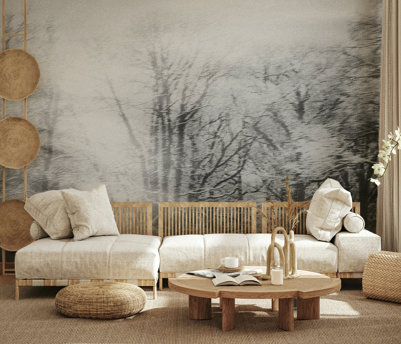 A beautiful ephemeral grove wallpaper mural with soft, misty trees.