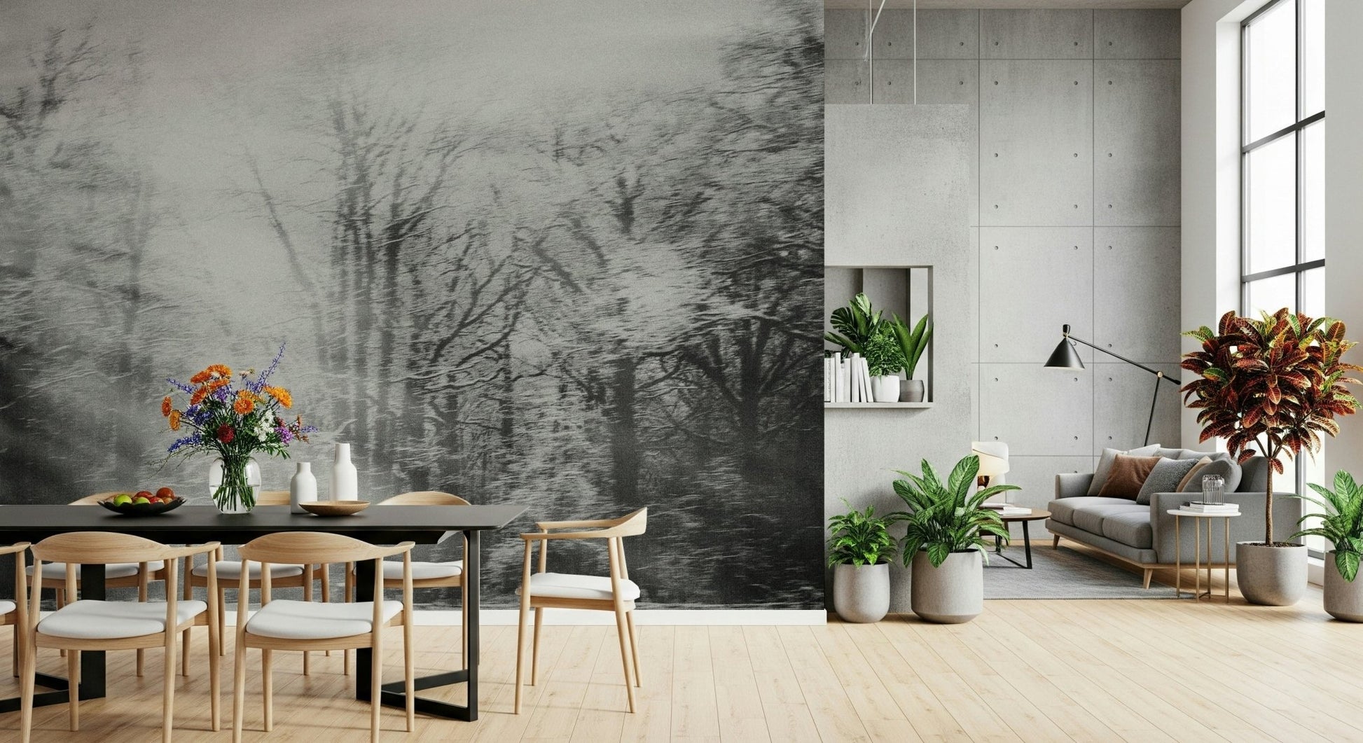 A peaceful woodland vista mural on decorative wallpaper.