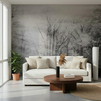 A contemplative misty forest wallpaper mural for a feature wall.