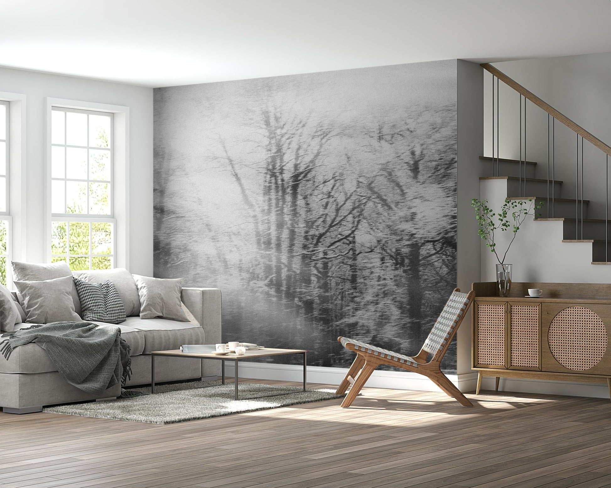 A graceful subtle light wall mural in cool, natural tones.