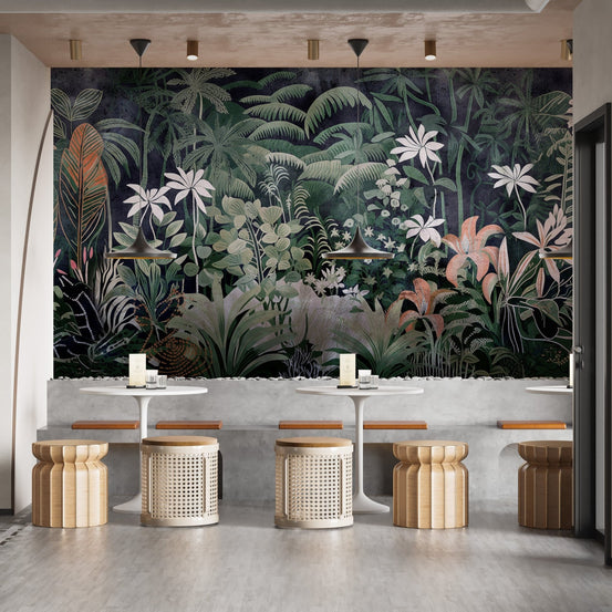 Equatorial jungle wallpaper mural with vibrant leaves., B799