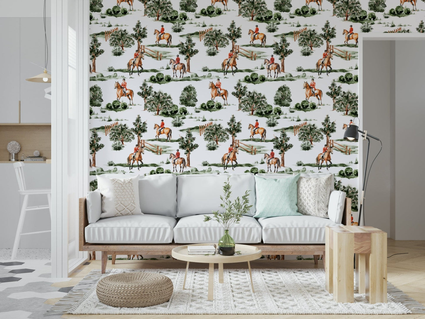 Elegant rider silhouettes on Equestrian Dreamscape wall mural pattern.