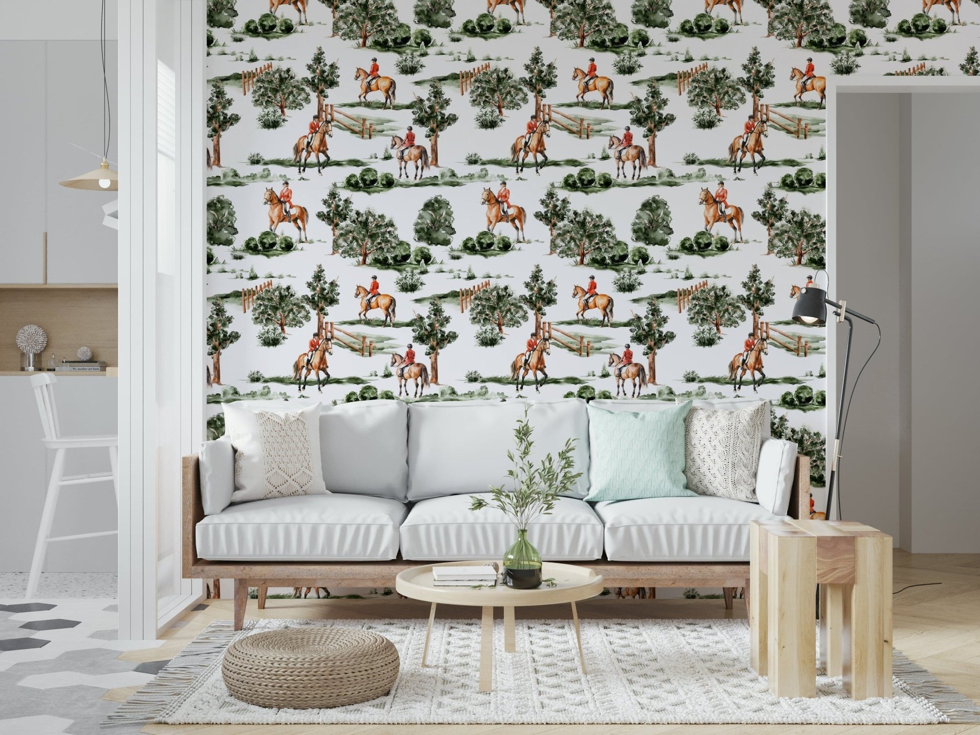 Elegant rider silhouettes on Equestrian Dreamscape wall mural pattern.