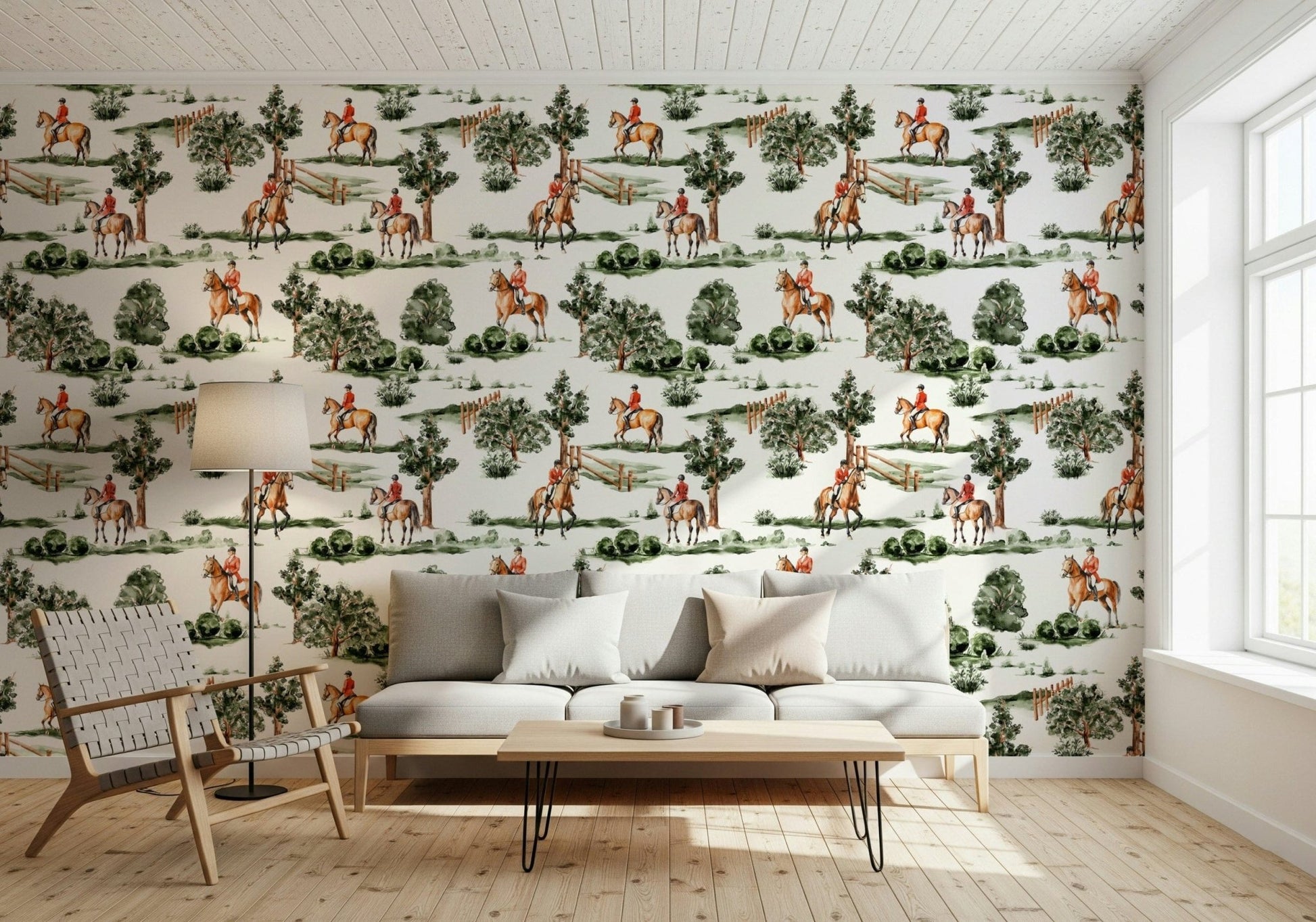 Equestrian Dreamscape peel and stick wallpaper with meadow scenery.