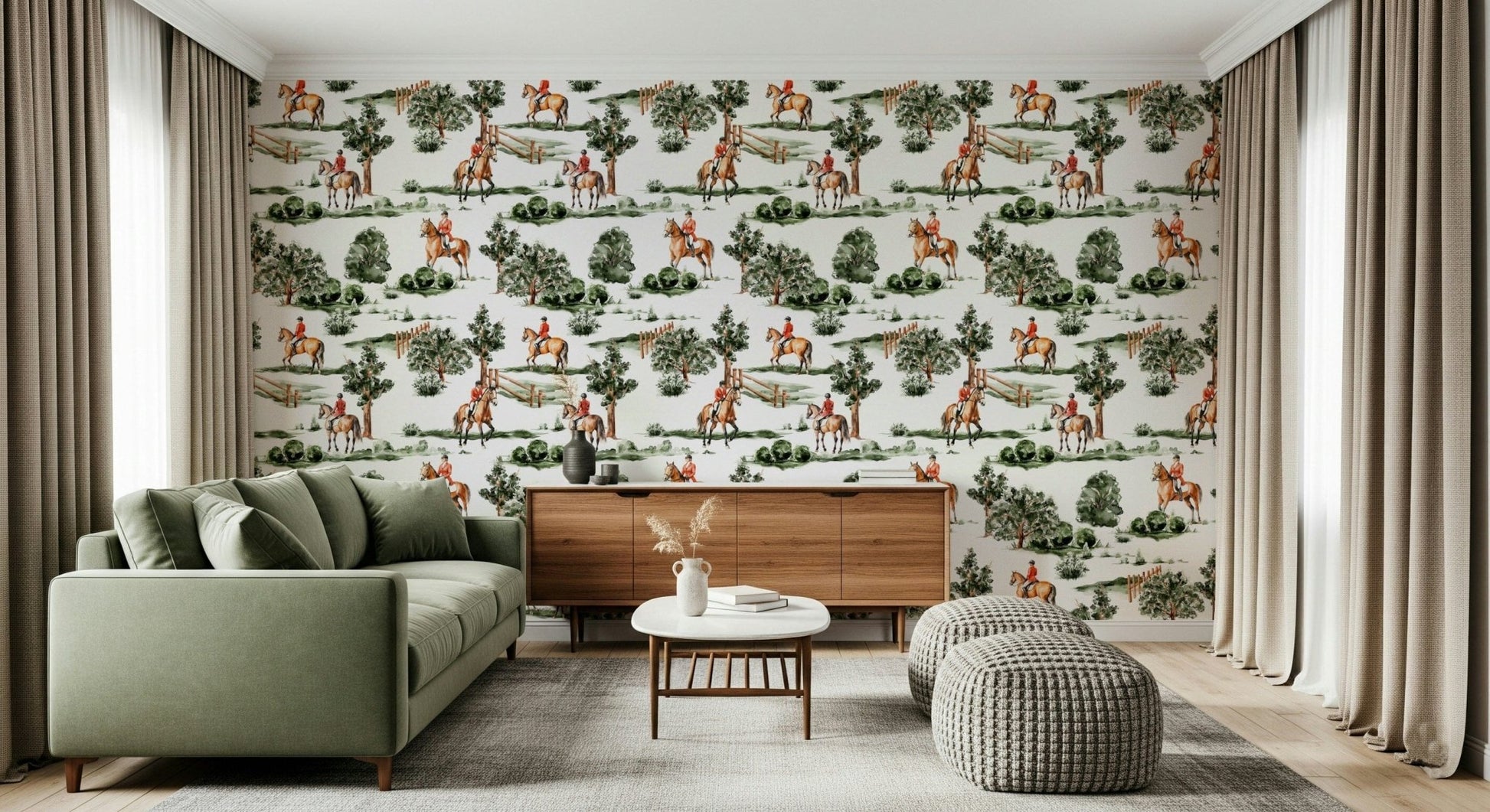 Chestnut stallion motifs across Equestrian Dreamscape wallpaper mural.