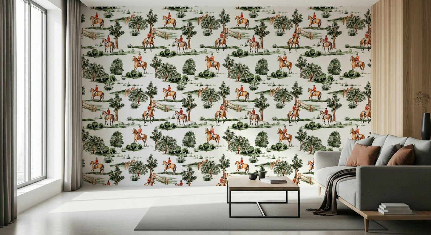 Equestrian Dreamscape wallpaper for walls using deep forest tones.