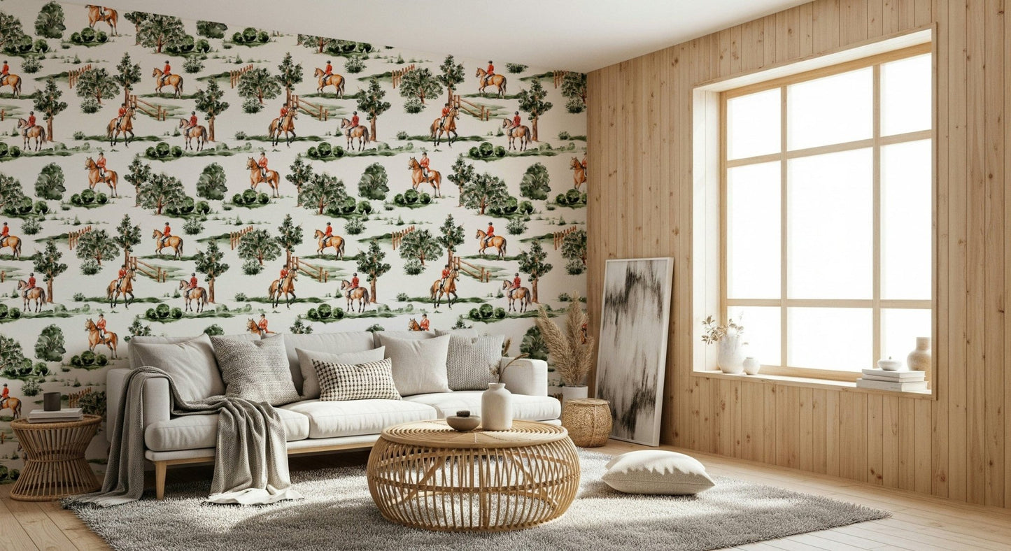 Traditional hunt club style Equestrian Dreamscape wallpaper mural.