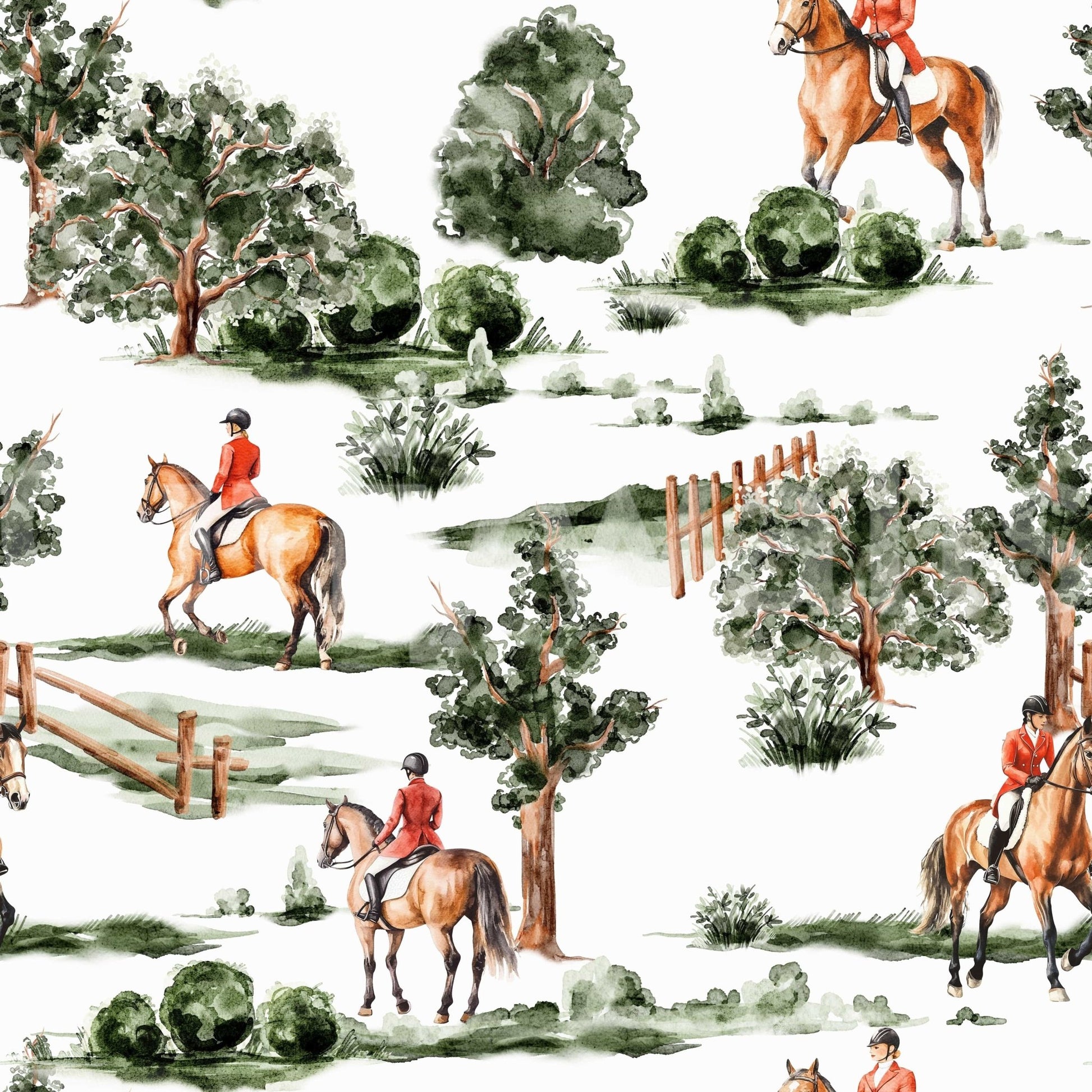 Equestrian Dreamscape peel and stick wallpaper depicting fox hunting.