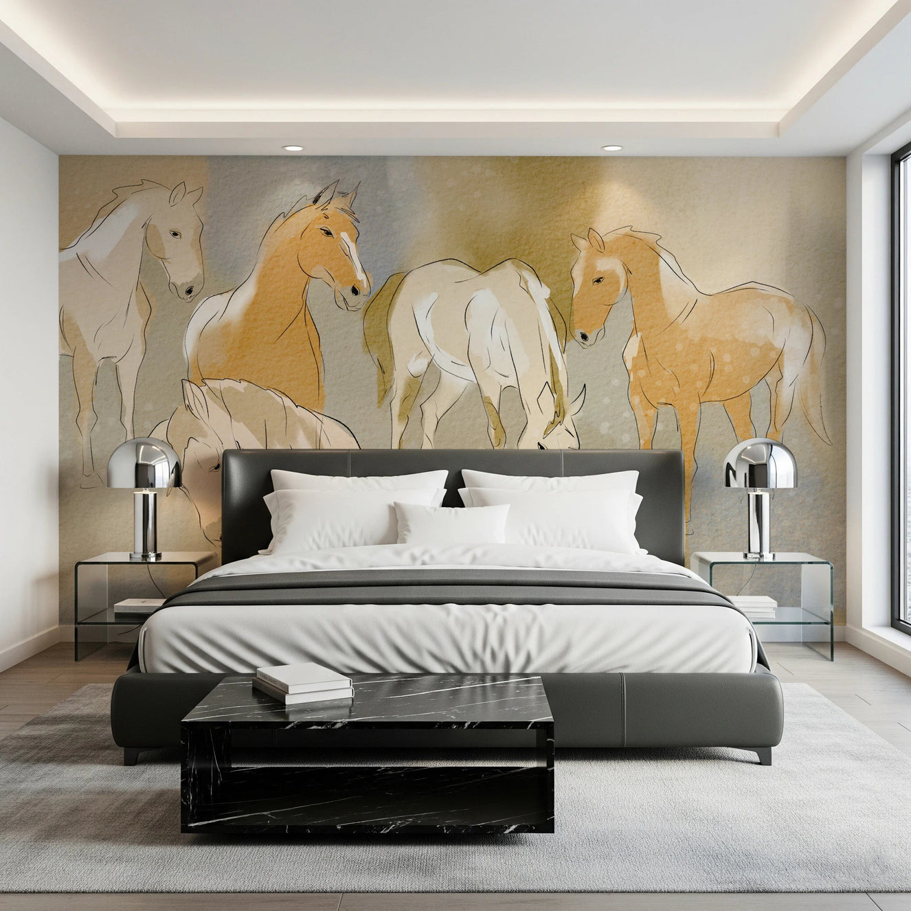 Bedroom with Equestrian Echoes Wall Mural and soft painted horse artwork