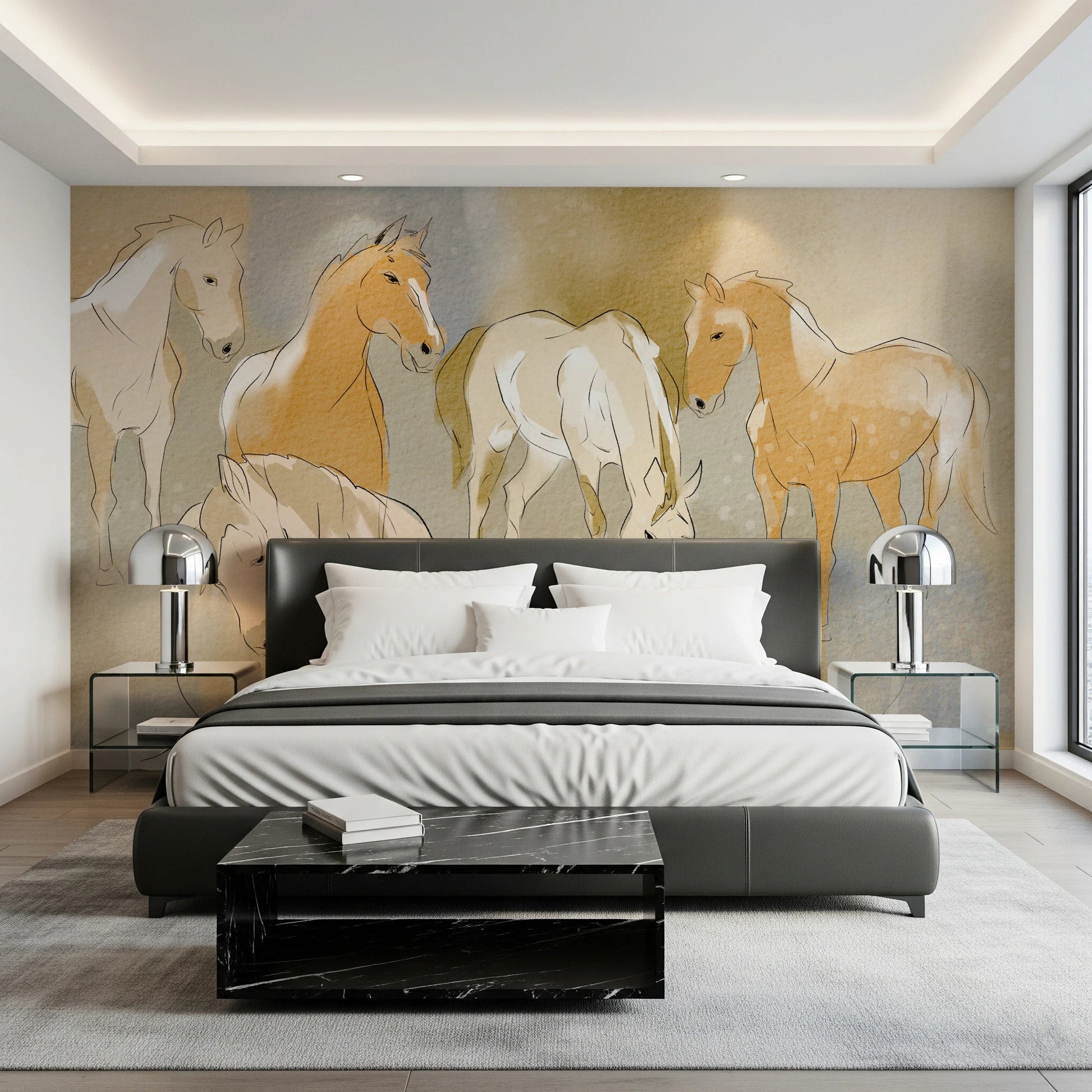 Bedroom with Equestrian Echoes Wall Mural and soft painted horse artwork