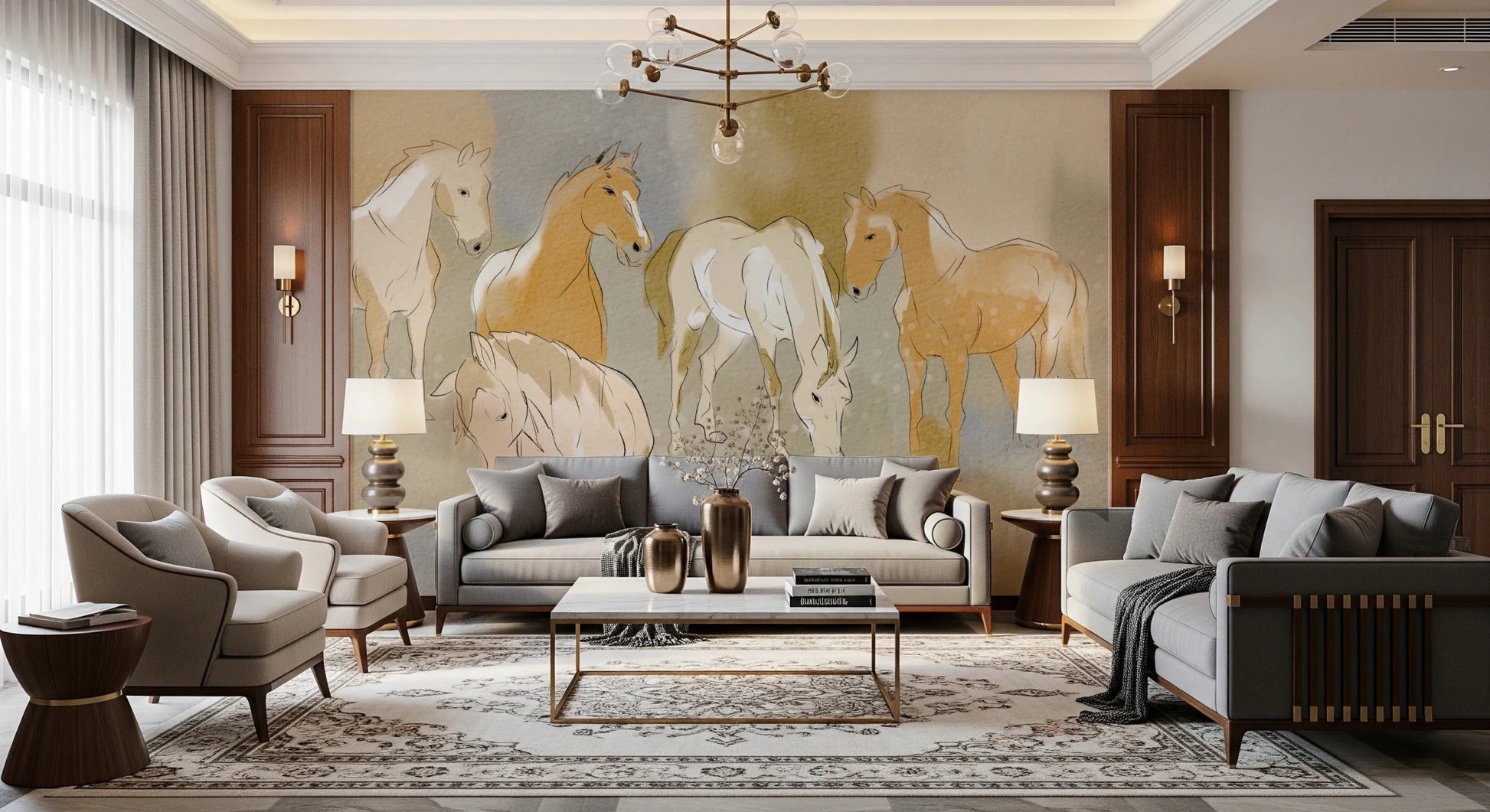 Hallway with Equestrian Echoes Wall Mural and layered equestrian artwork