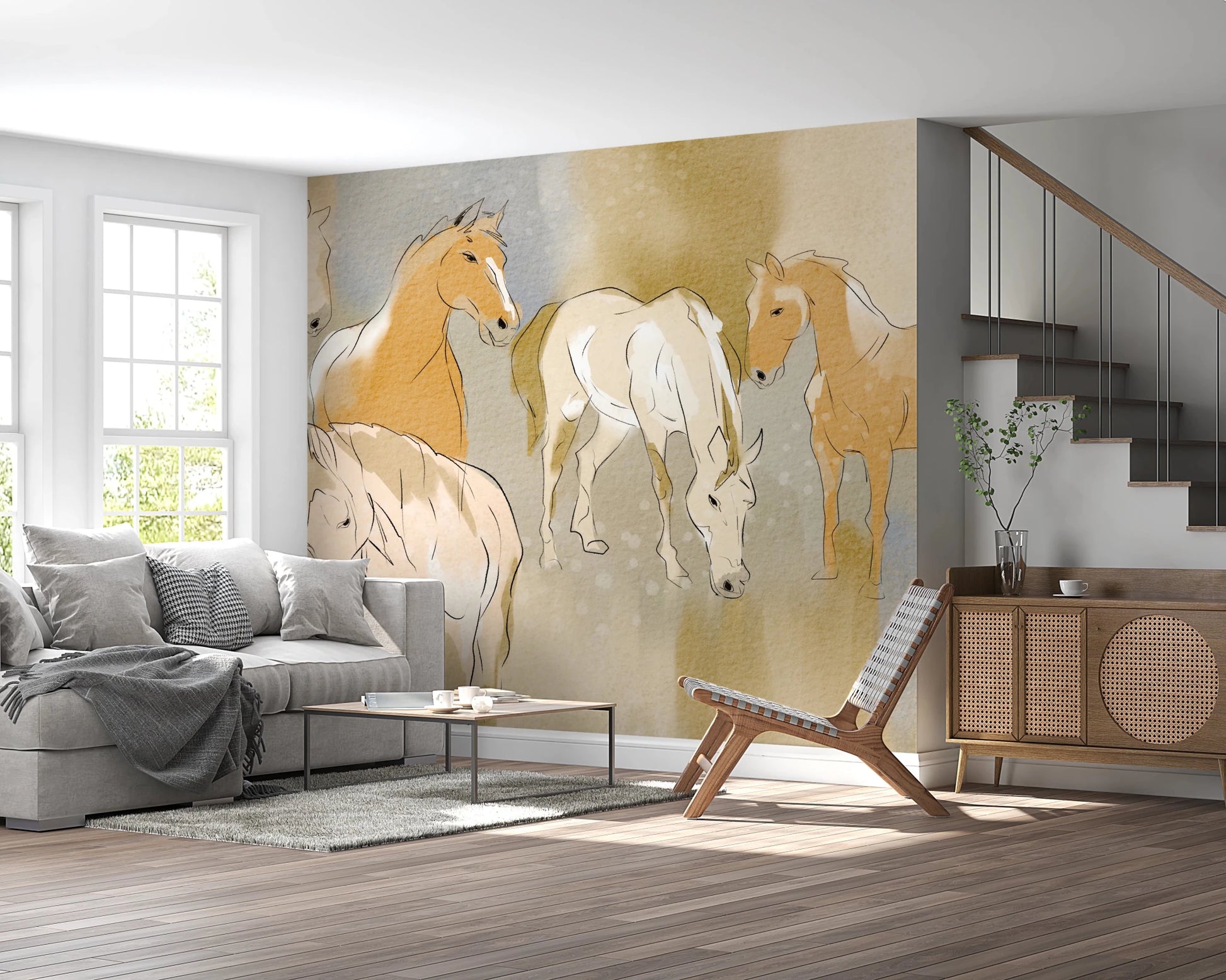 Sitting room with Equestrian Echoes Wall Mural and warm neutral horse tones