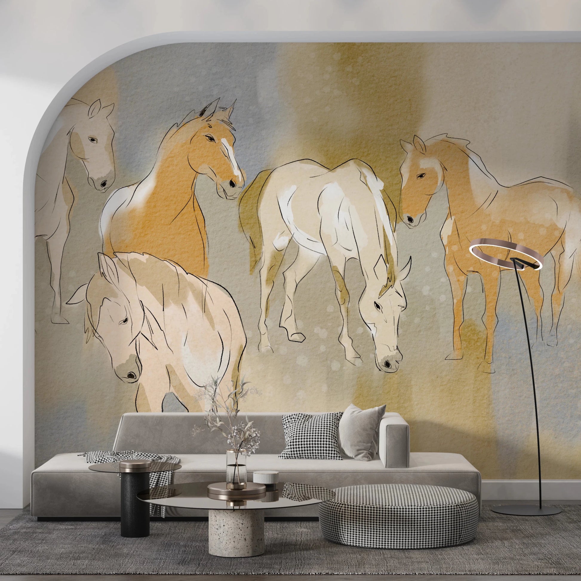 Living room with Equestrian Echoes Wall Mural and flowing horse silhouettes