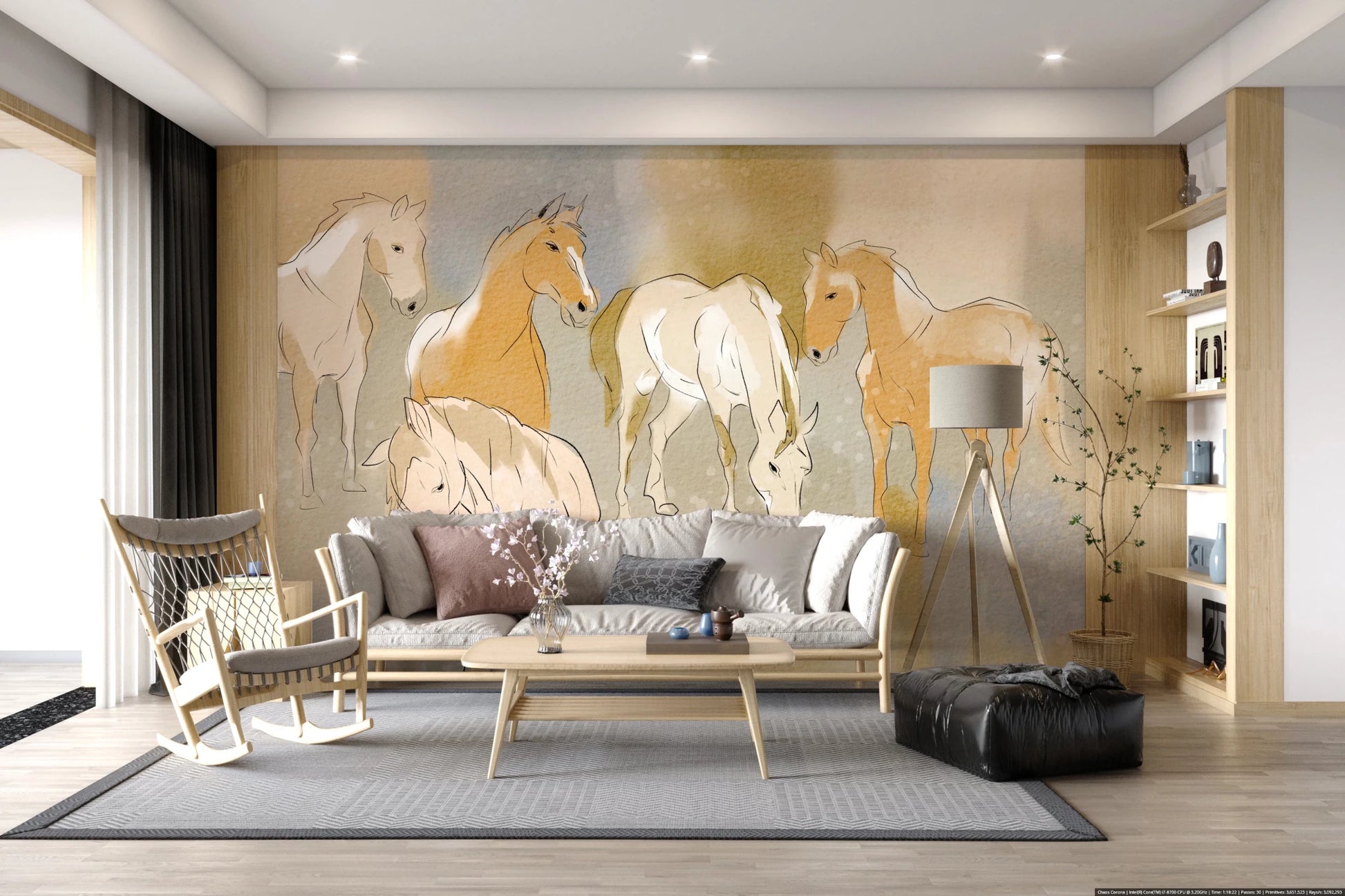 lounge area with Equestrian Echoes Wall Mural and elegant painted horse shapes
