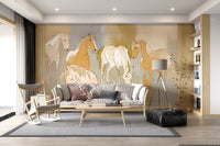 lounge area with Equestrian Echoes Wall Mural and elegant painted horse shapes