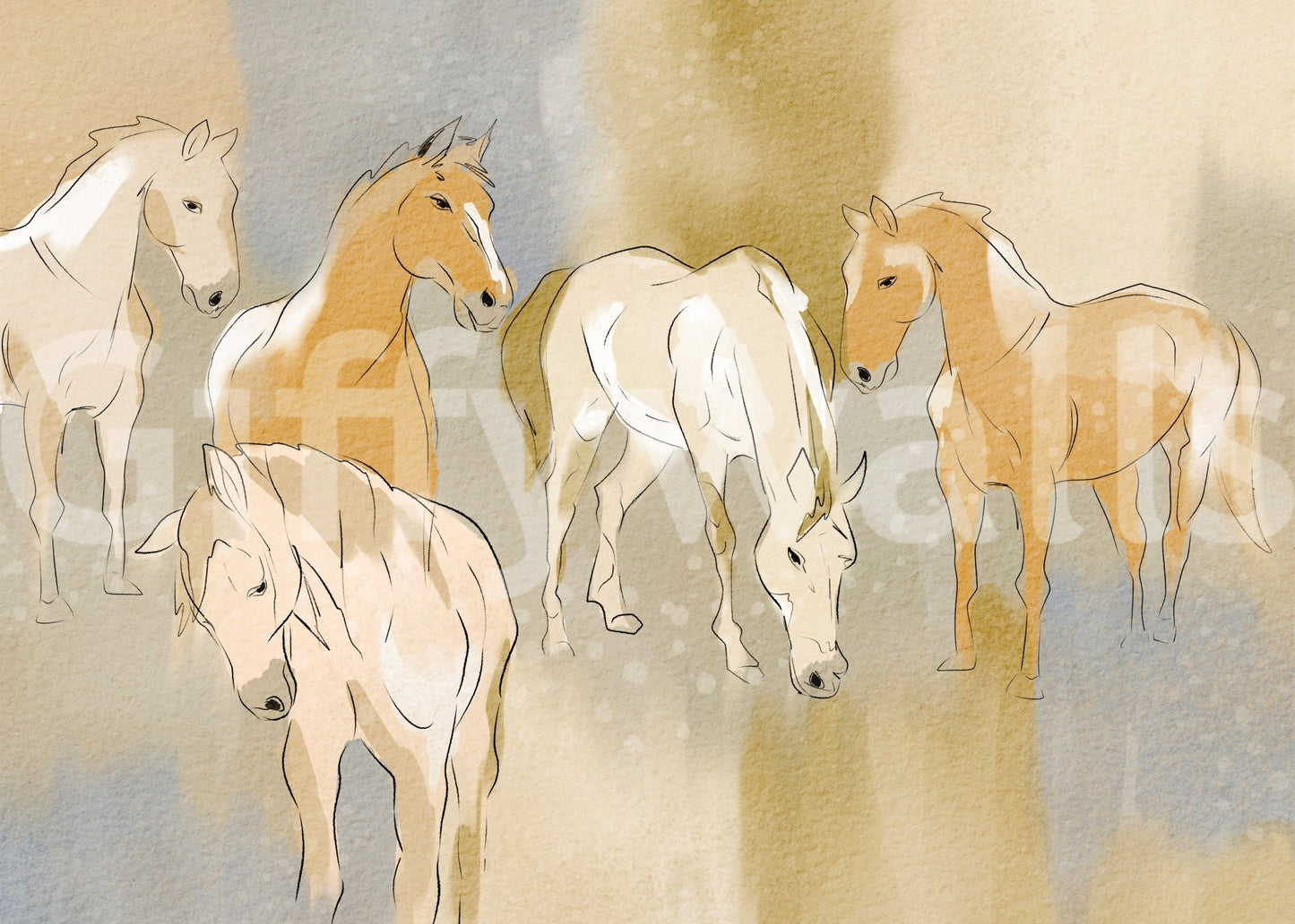 Equestrian Echoes Wall Mural with watercolor horses in soft beige and muted gray