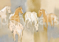 Equestrian Echoes Wall Mural with watercolor horses in soft beige and muted gray
